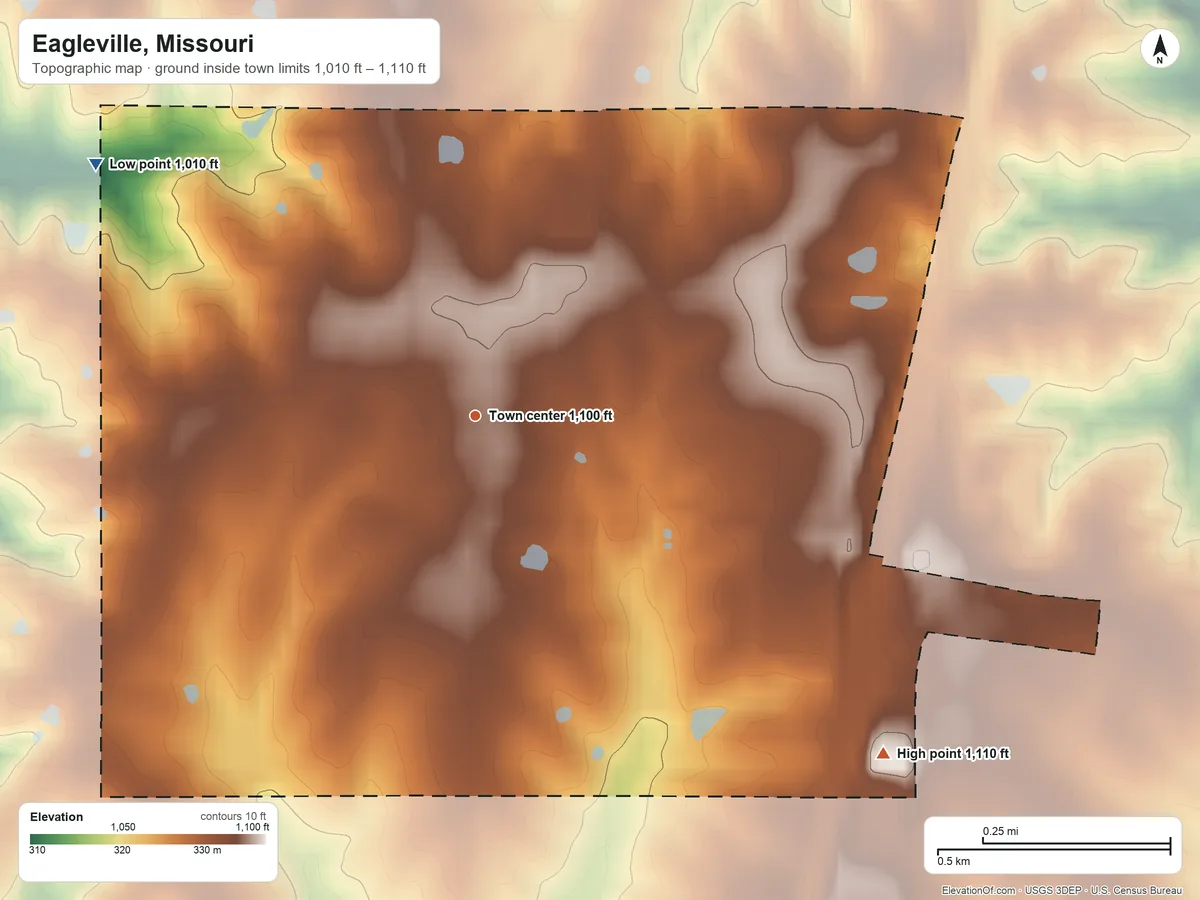 Topographic elevation map of Eagleville, Missouri, shaded from 1,010 ft on the northwest side to 1,110 ft on the southeast side