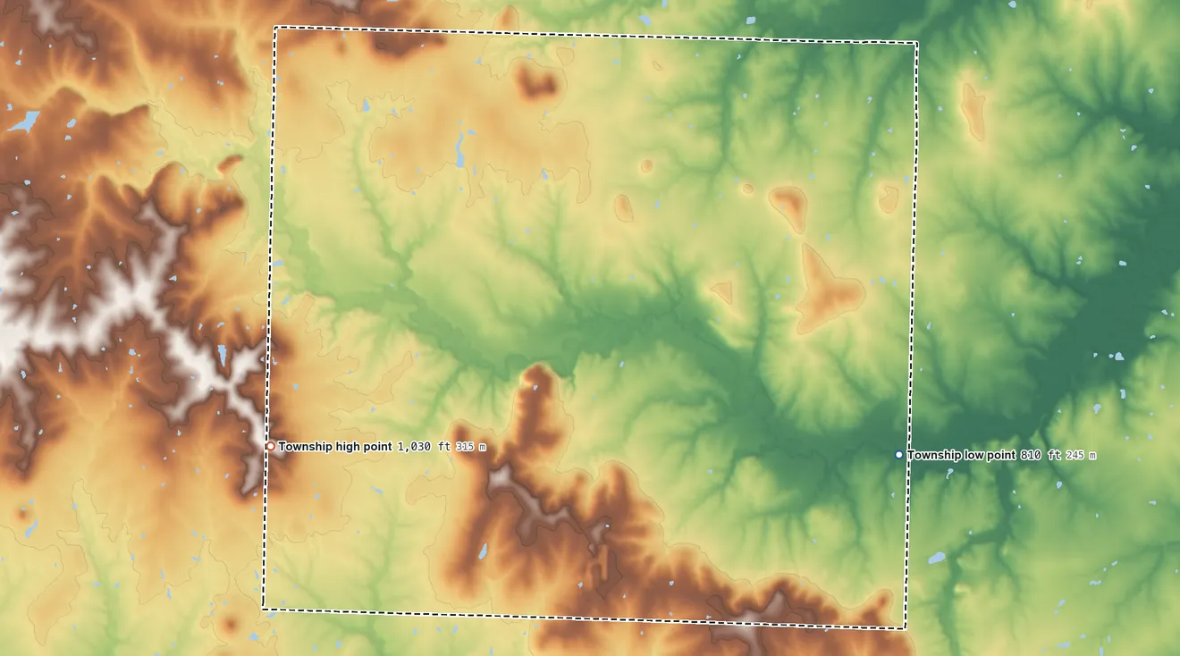 Topographic elevation map of East Boone Township, Missouri, shaded from 810 ft on the east side to 1,030 ft on the west side