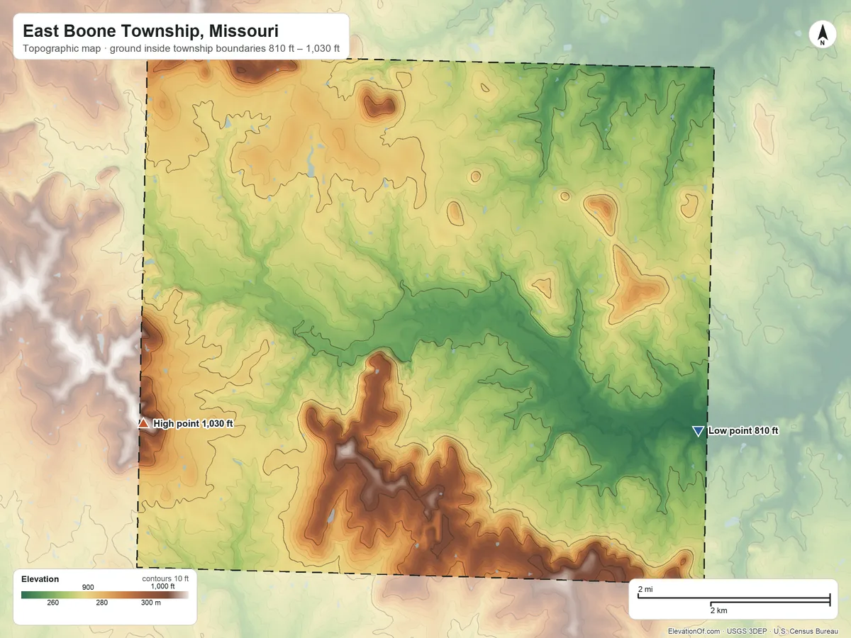 Topographic elevation map of East Boone Township, Missouri, shaded from 810 ft on the east side to 1,030 ft on the west side