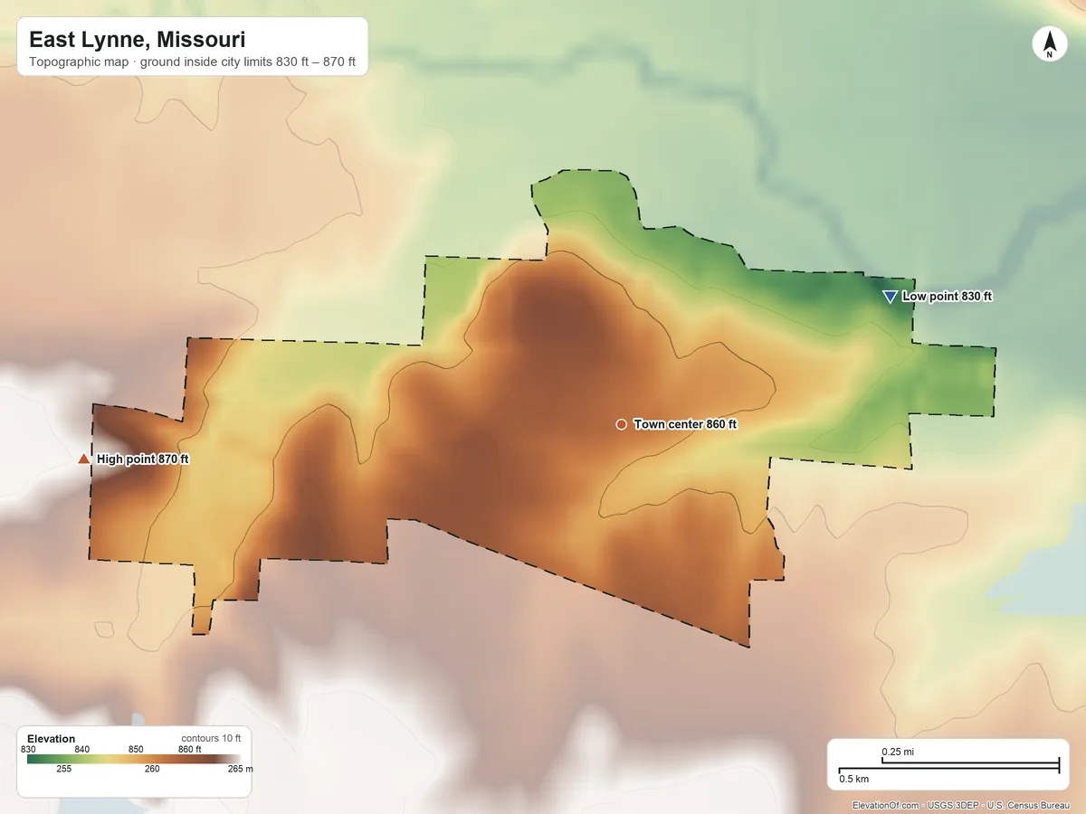 Topographic elevation map of East Lynne, Missouri, shaded from 830 ft on the northeast side to 870 ft on the west side