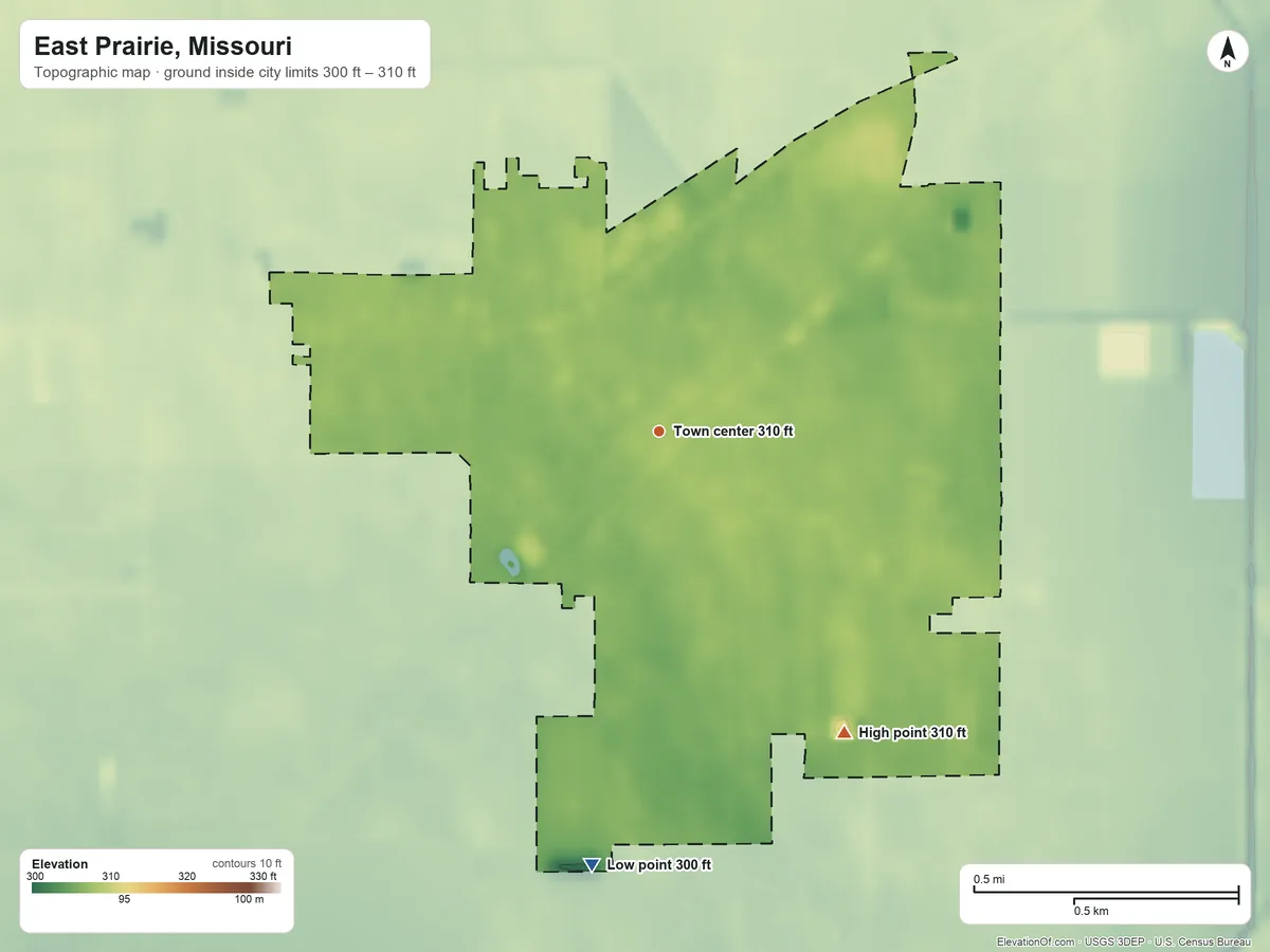 Topographic elevation map of East Prairie, Missouri, shaded from 300 ft on the south side to 310 ft on the southeast side