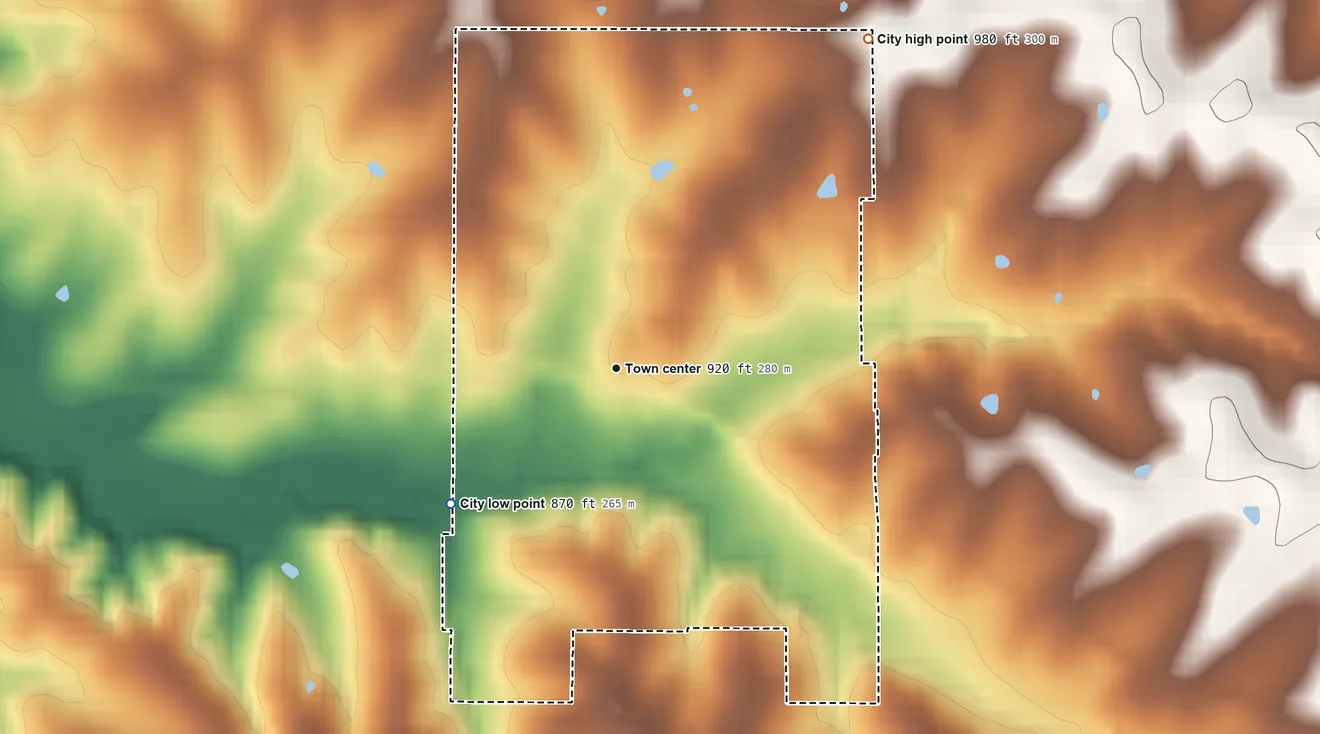 Topographic elevation map of Easton, Missouri, shaded from 870 ft on the southwest side to 980 ft on the northeast side