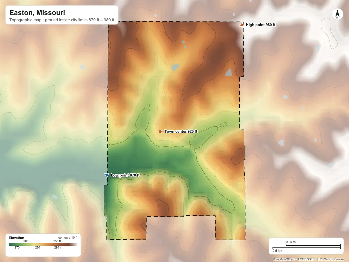 Topographic elevation map of Easton, Missouri, shaded from 870 ft on the southwest side to 980 ft on the northeast side