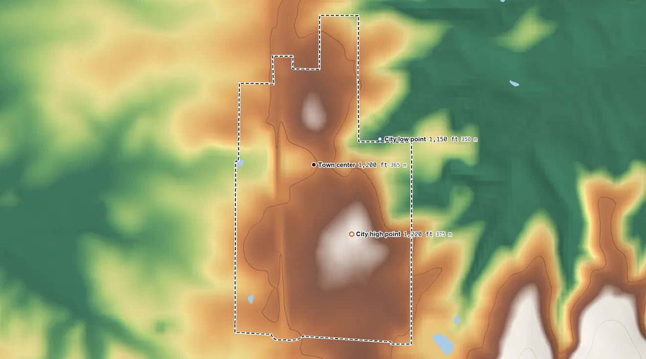 Topographic elevation map of Edgar Springs, Missouri, shaded from 1,150 ft on the east side to 1,220 ft on the southeast side