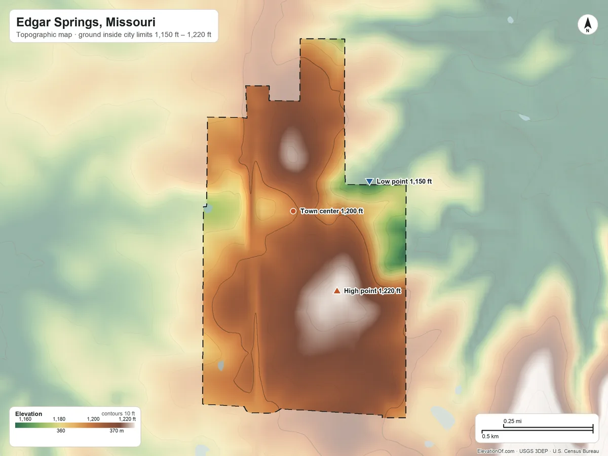 Topographic elevation map of Edgar Springs, Missouri, shaded from 1,150 ft on the east side to 1,220 ft on the southeast side