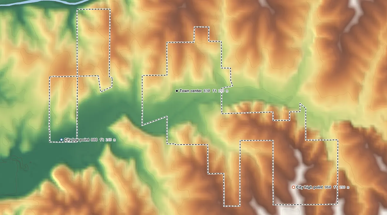 Topographic elevation map of Edgerton, Missouri, shaded from 800 ft on the southwest side to 960 ft on the southeast side