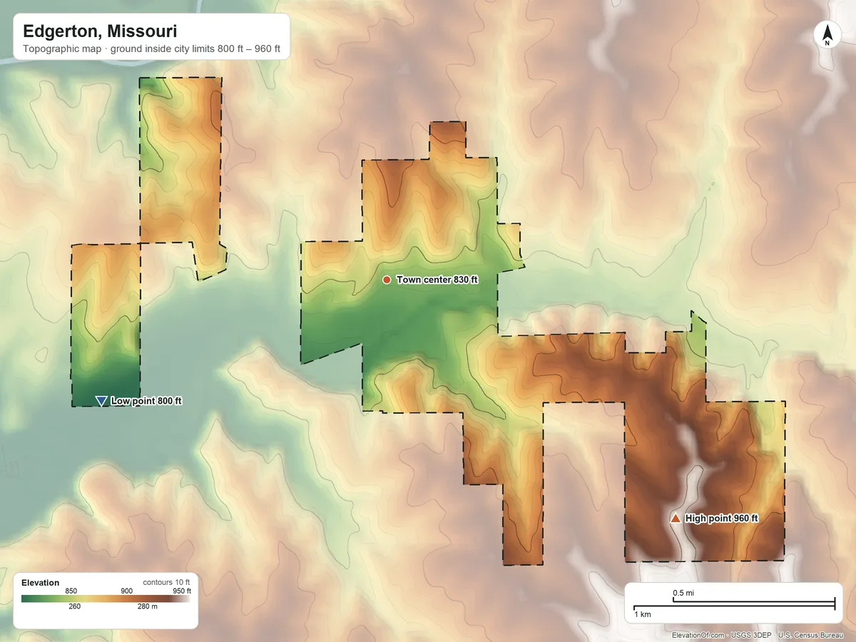Topographic elevation map of Edgerton, Missouri, shaded from 800 ft on the southwest side to 960 ft on the southeast side