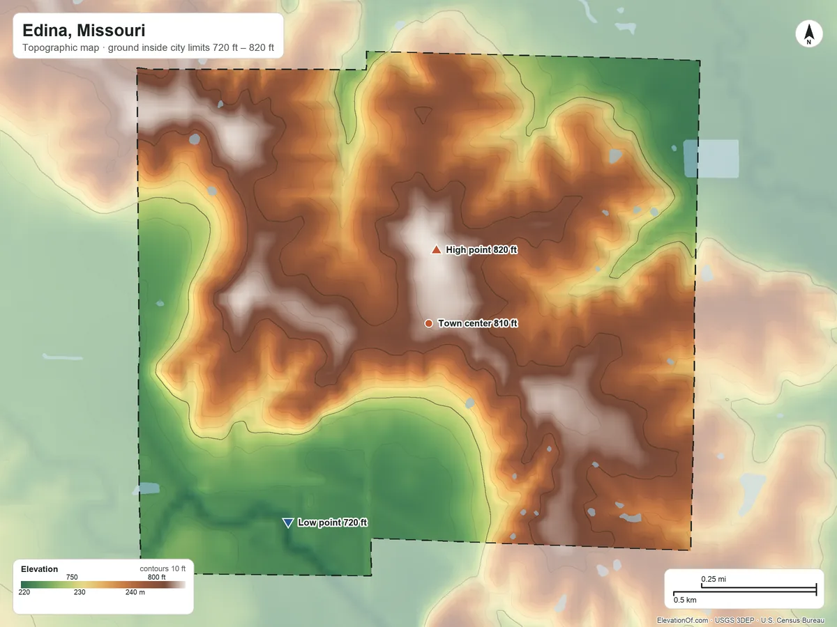Topographic elevation map of Edina, Missouri, shaded from 720 ft on the southwest side to 820 ft near the middle
