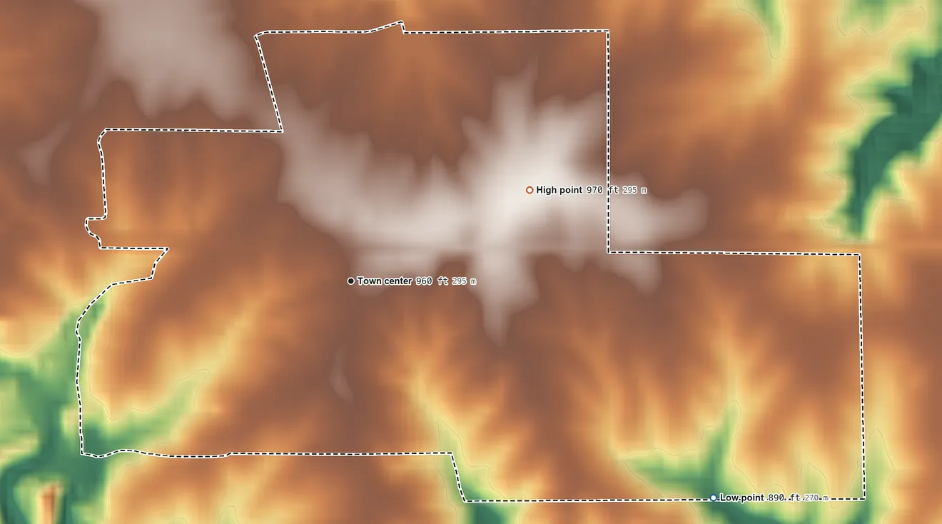 Topographic elevation map of Edinburg, Missouri, shaded from 890 ft on the southeast side to 970 ft on the northeast side