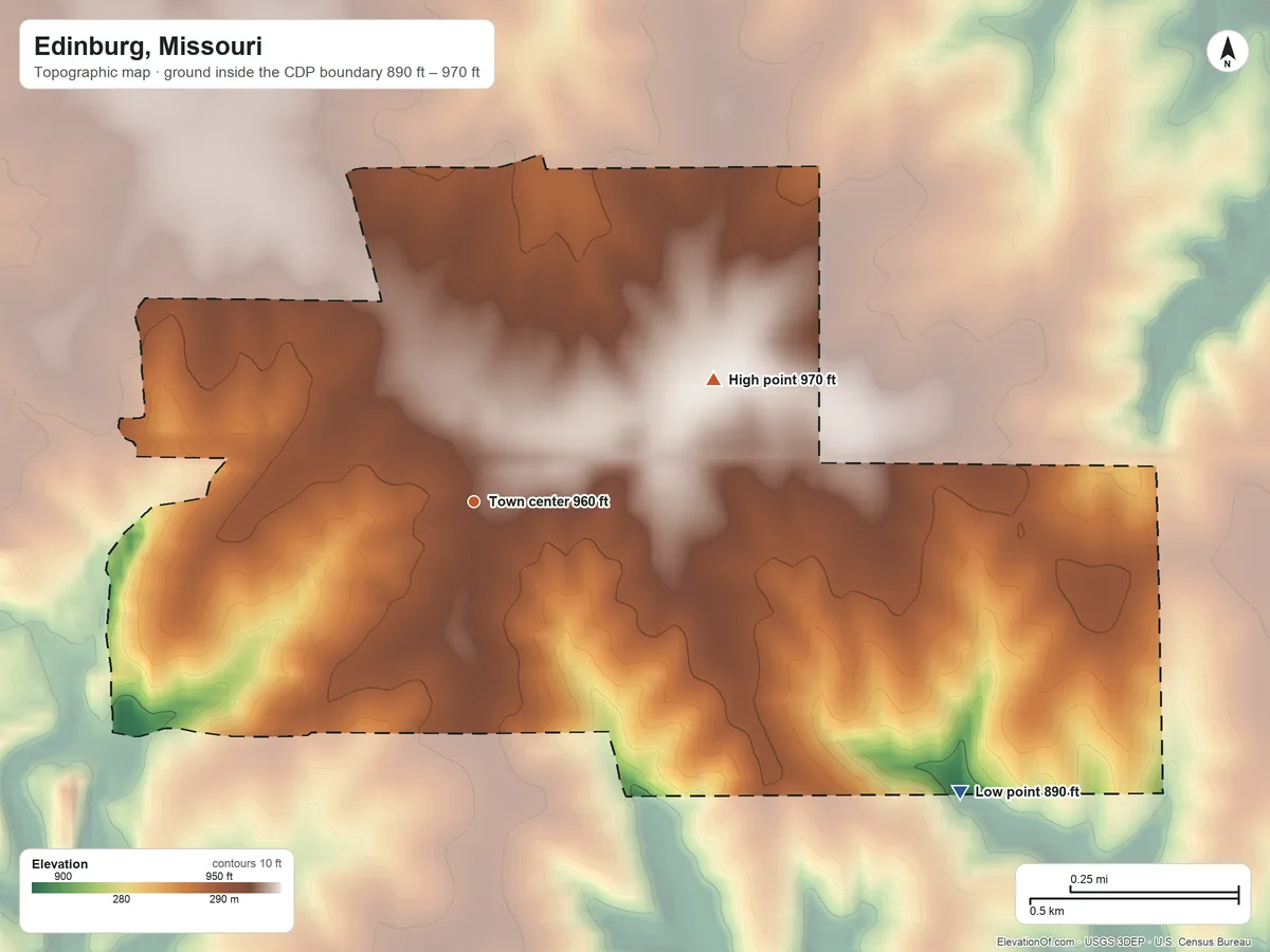 Topographic elevation map of Edinburg, Missouri, shaded from 890 ft on the southeast side to 970 ft on the northeast side