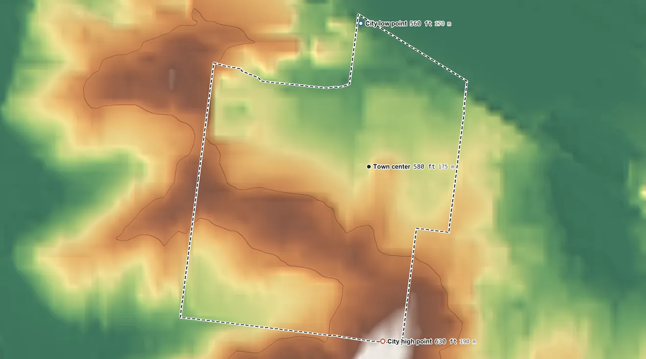 Topographic elevation map of Edmundson, Missouri, shaded from 560 ft on the north side to 630 ft on the south side