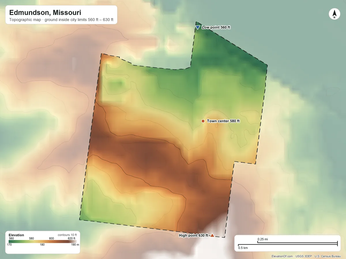Topographic elevation map of Edmundson, Missouri, shaded from 560 ft on the north side to 630 ft on the south side
