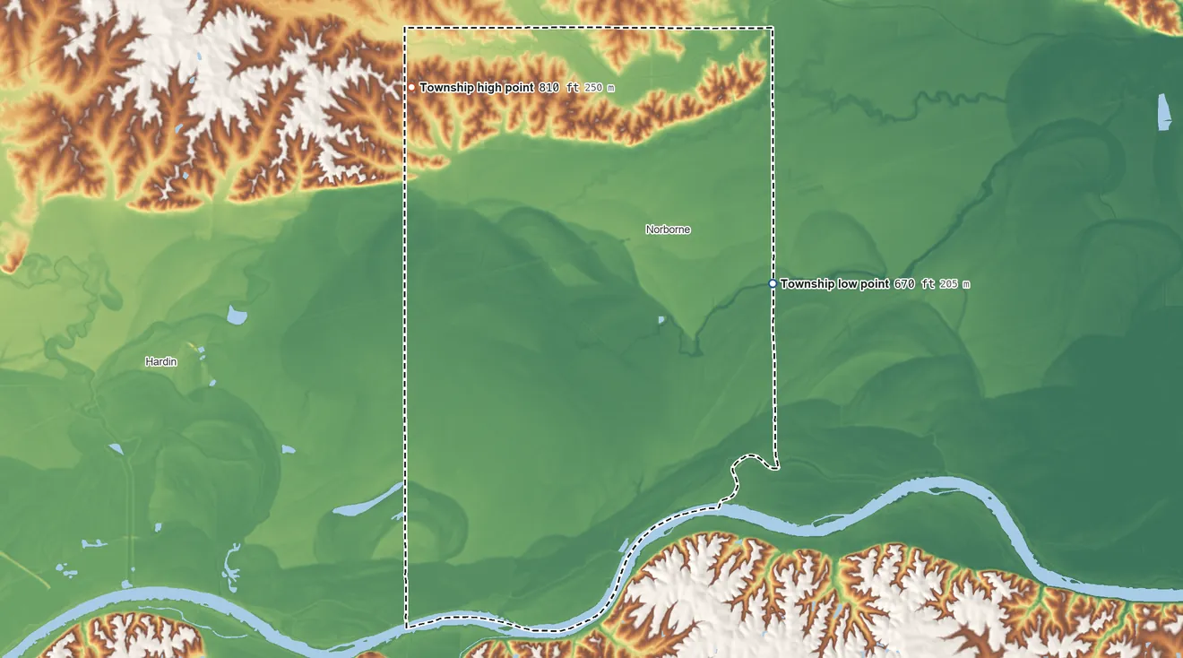 Topographic elevation map of Egypt Township, Missouri, shaded from 670 ft on the southeast side to 810 ft on the northwest side