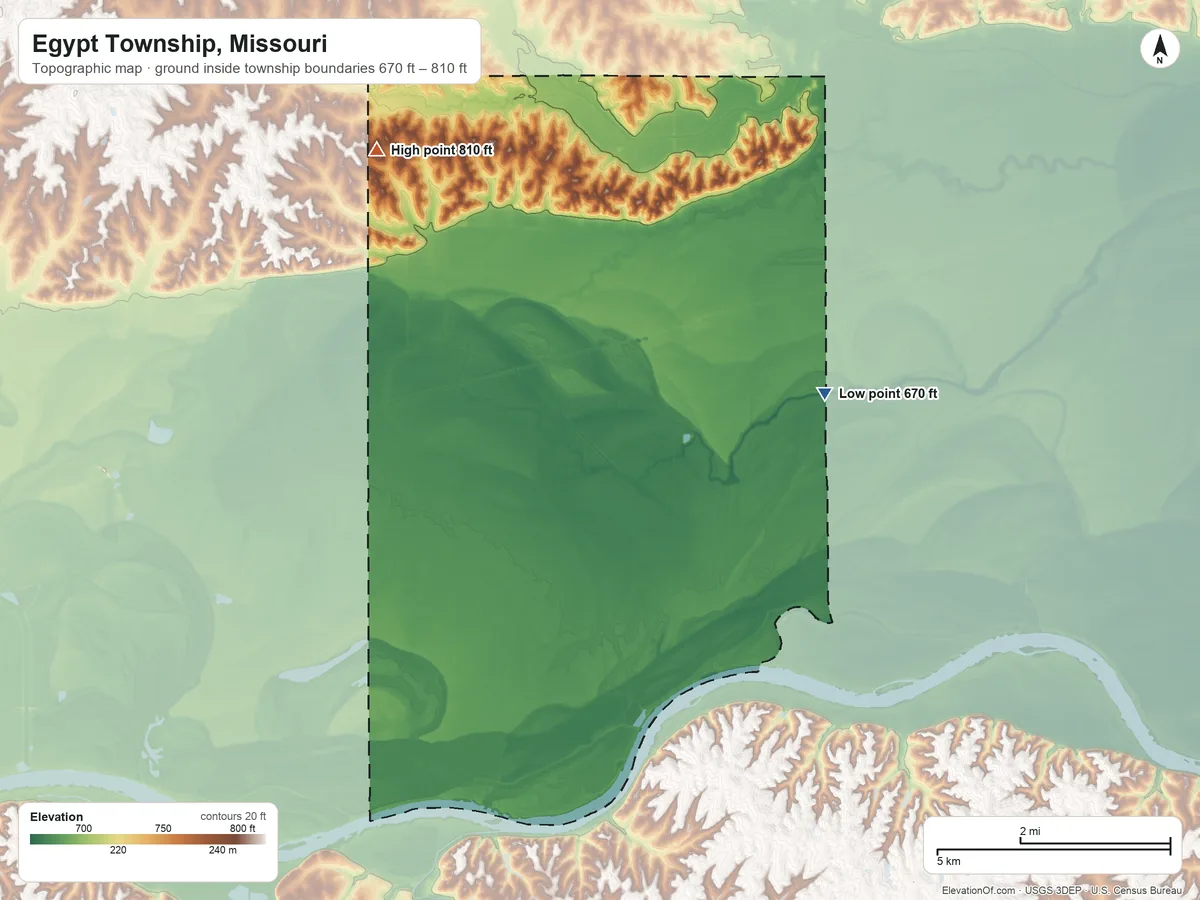 Topographic elevation map of Egypt Township, Missouri, shaded from 670 ft on the southeast side to 810 ft on the northwest side