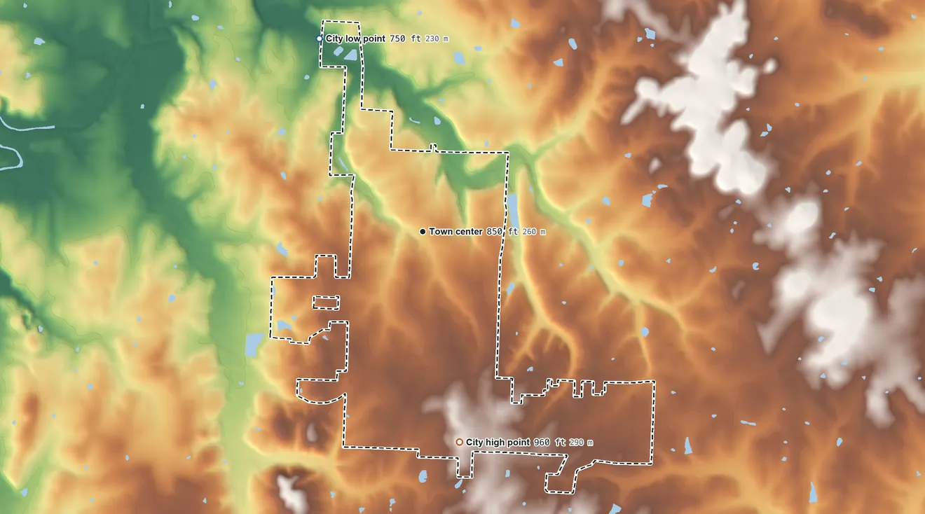 Topographic elevation map of El Dorado Springs, Missouri, shaded from 750 ft on the northwest side to 960 ft on the south side