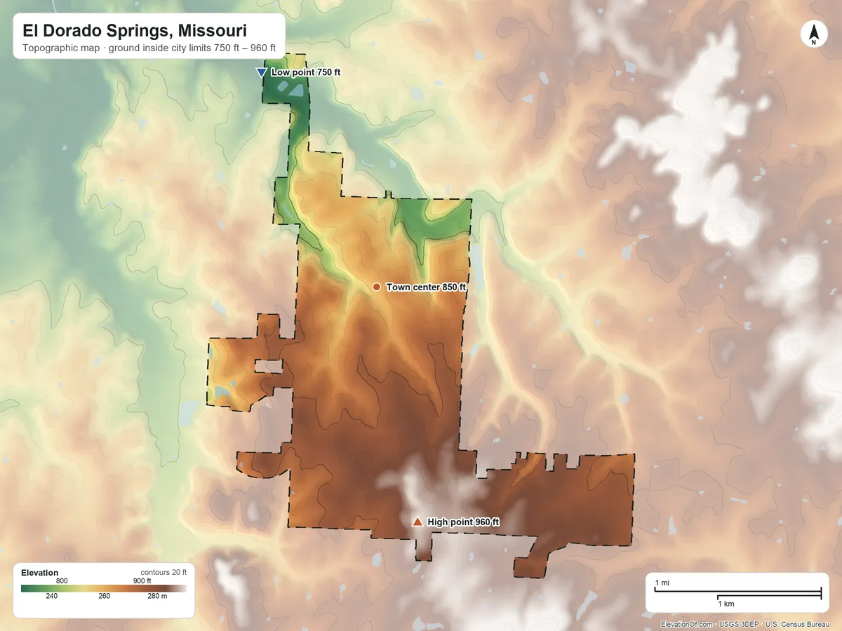 Topographic elevation map of El Dorado Springs, Missouri, shaded from 750 ft on the northwest side to 960 ft on the south side
