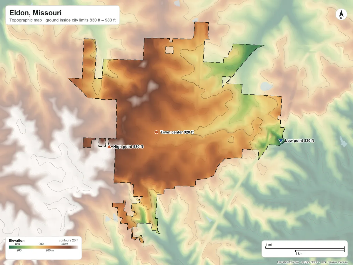 Topographic elevation map of Eldon, Missouri, shaded from 830 ft on the east side to 980 ft on the west side