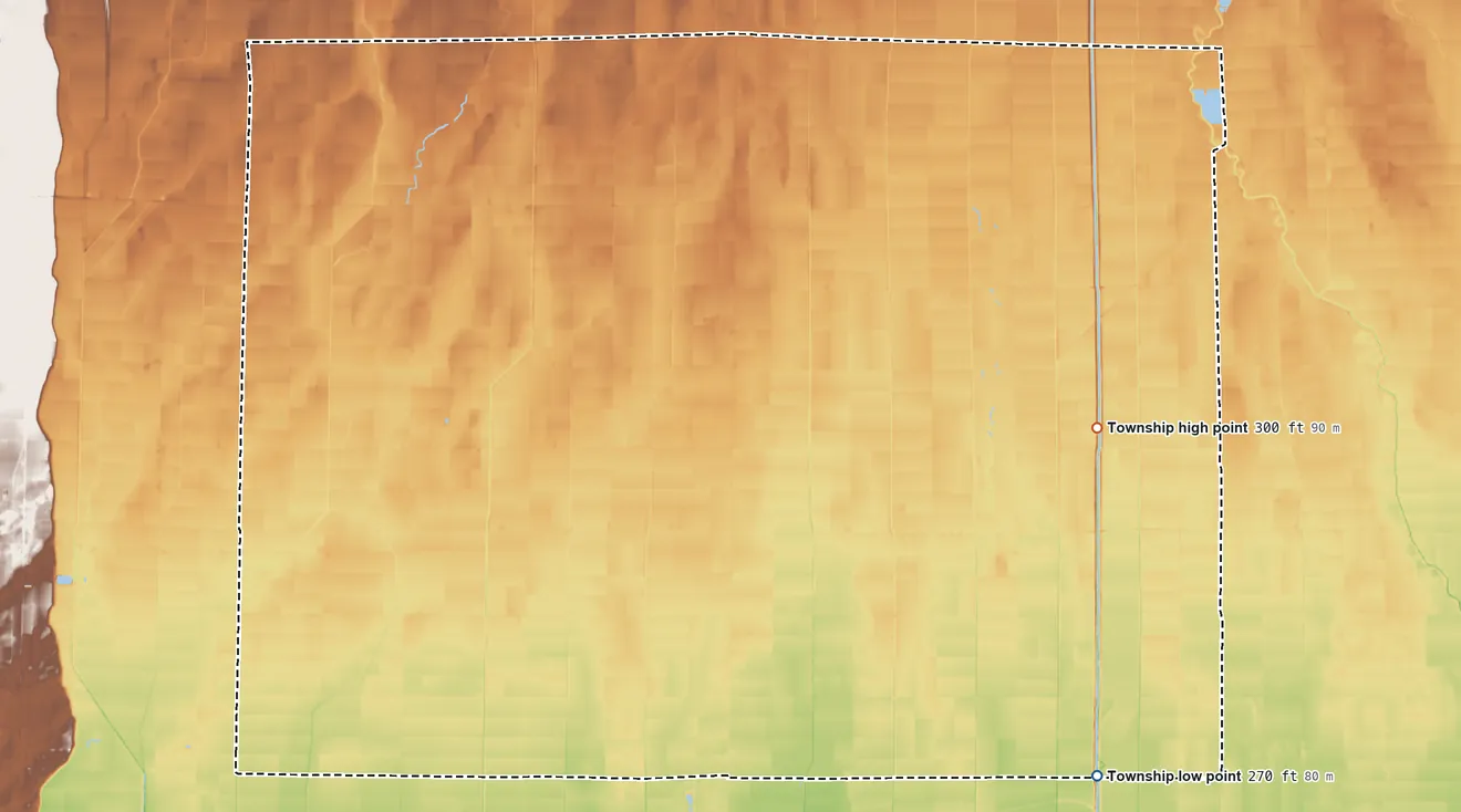 Topographic elevation map of Elk Township, Missouri, shaded from 270 ft on the southeast side to 300 ft on the east side