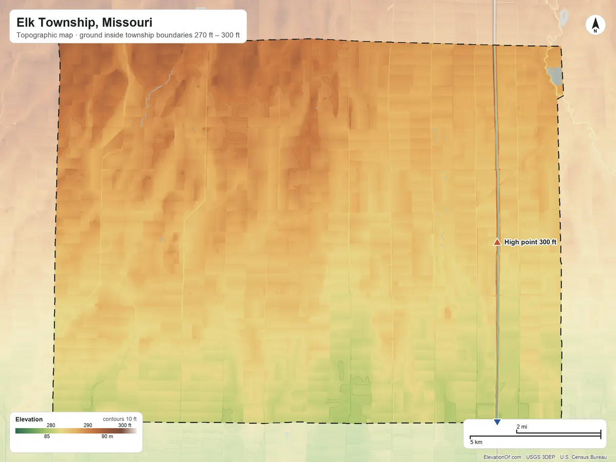 Topographic elevation map of Elk Township, Missouri, shaded from 270 ft on the southeast side to 300 ft on the east side