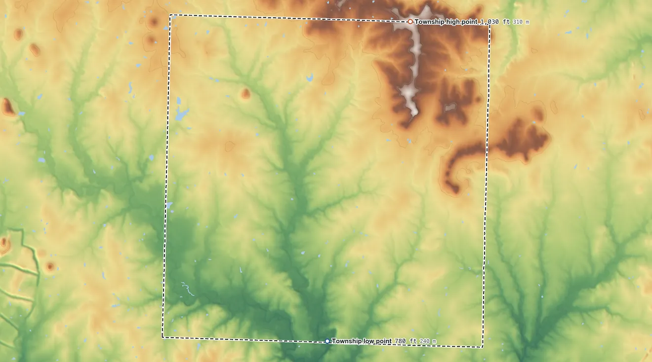 Topographic elevation map of Elkhart Township, Missouri, shaded from 780 ft on the south side to 1,030 ft on the northeast side
