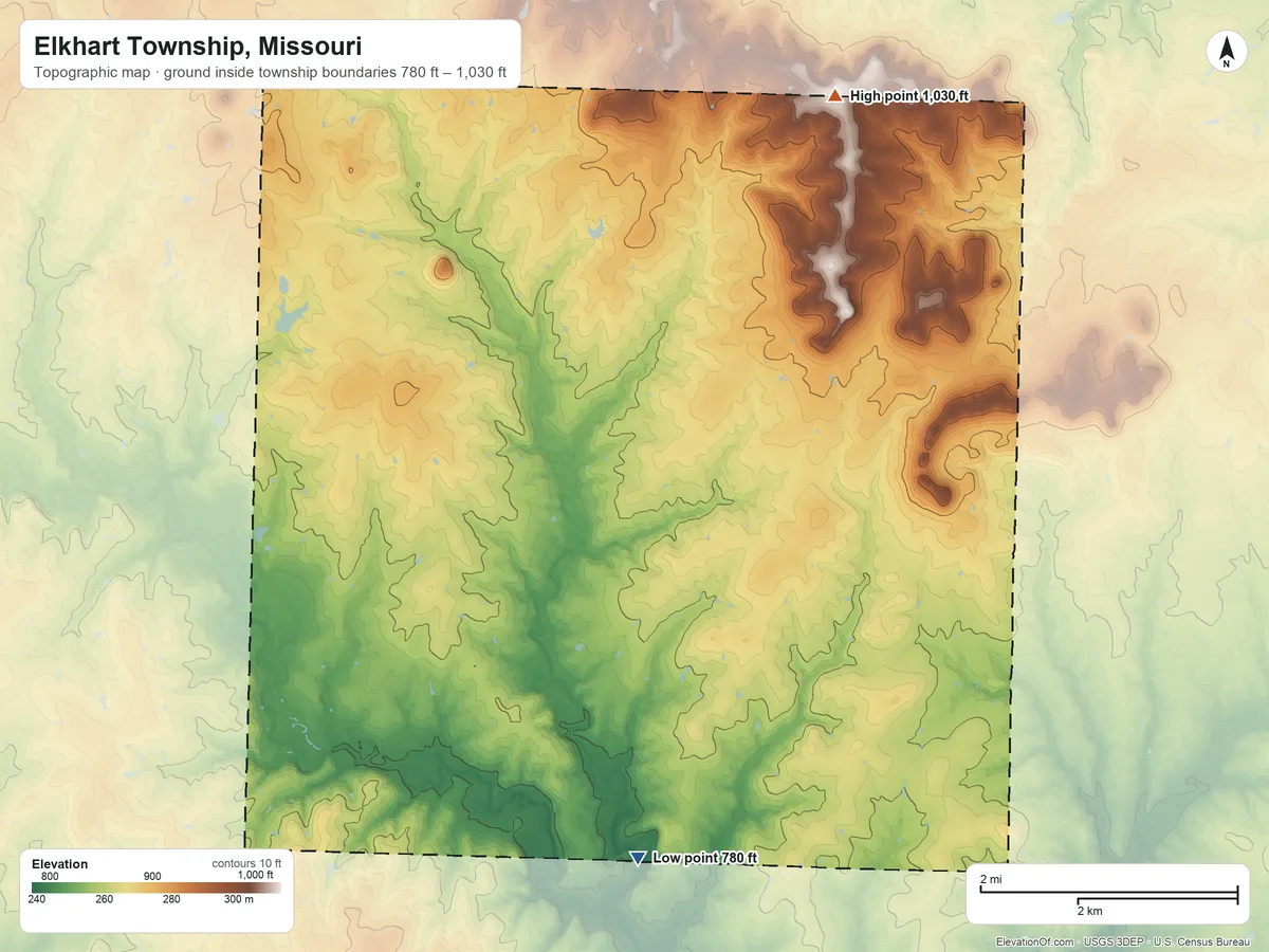 Topographic elevation map of Elkhart Township, Missouri, shaded from 780 ft on the south side to 1,030 ft on the northeast side