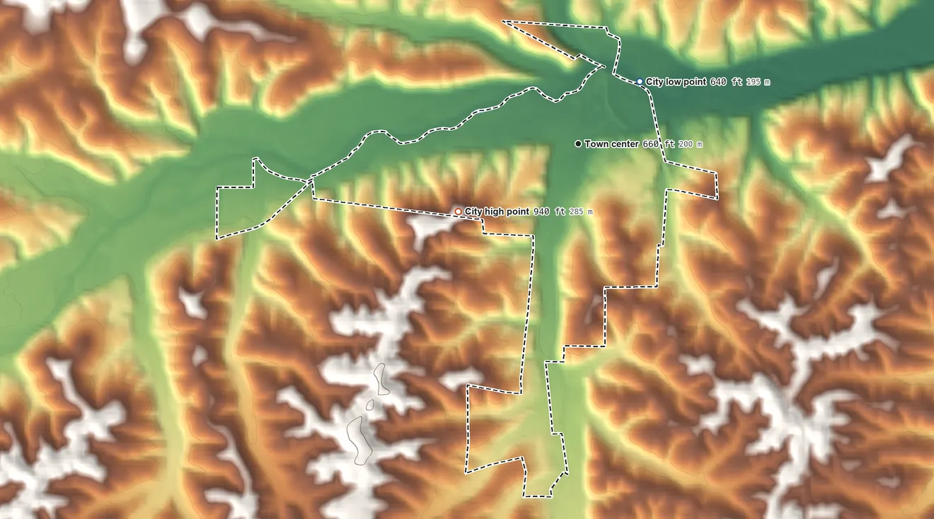 Topographic elevation map of Ellington, Missouri, shaded from 640 ft on the northeast side to 940 ft on the southwest side
