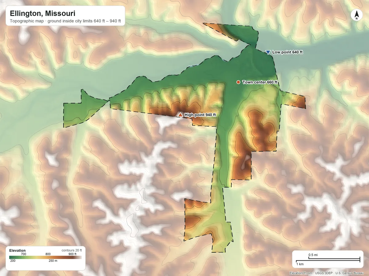 Topographic elevation map of Ellington, Missouri, shaded from 640 ft on the northeast side to 940 ft on the southwest side