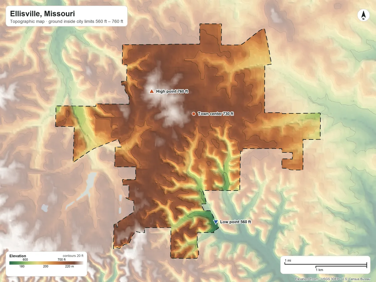 Topographic elevation map of Ellisville, Missouri, shaded from 560 ft on the south side to 760 ft on the northwest side