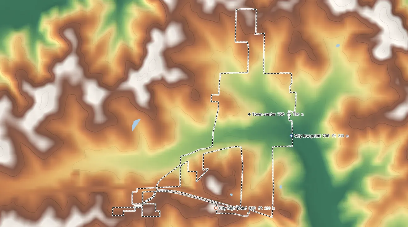 Topographic elevation map of Ellsinore, Missouri, shaded from 700 ft on the southeast side to 830 ft on the south side