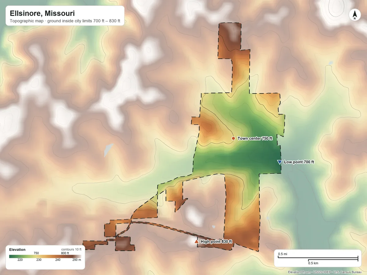 Topographic elevation map of Ellsinore, Missouri, shaded from 700 ft on the southeast side to 830 ft on the south side