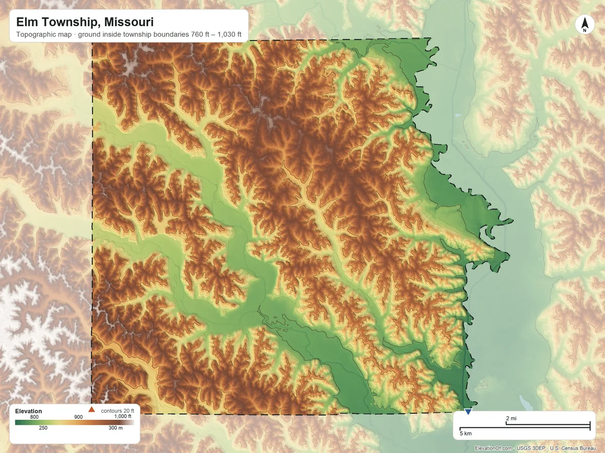 Topographic elevation map of Elm Township, Missouri, shaded from 760 ft on the southeast side to 1,030 ft on the southwest side