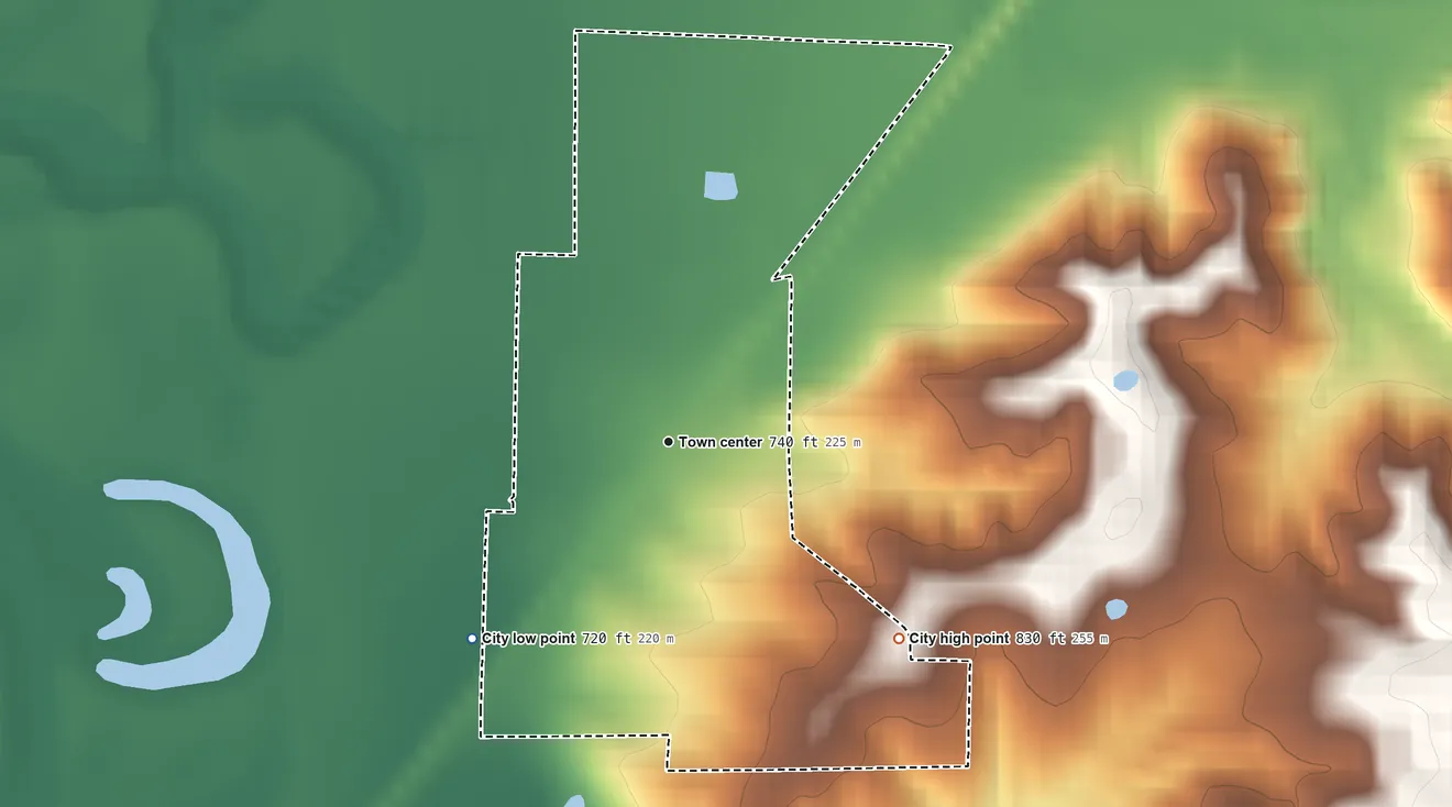 Topographic elevation map of Elmer, Missouri, shaded from 720 ft on the southwest side to 830 ft on the southeast side