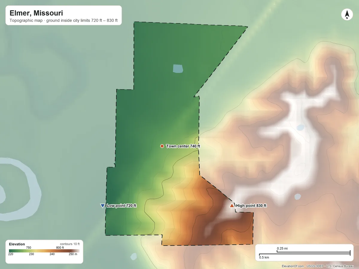 Topographic elevation map of Elmer, Missouri, shaded from 720 ft on the southwest side to 830 ft on the southeast side