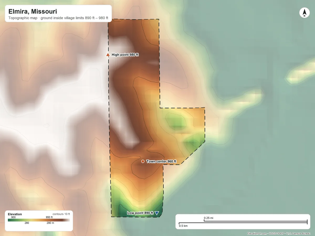 Topographic elevation map of Elmira, Missouri, shaded from 890 ft on the south side to 980 ft on the north side