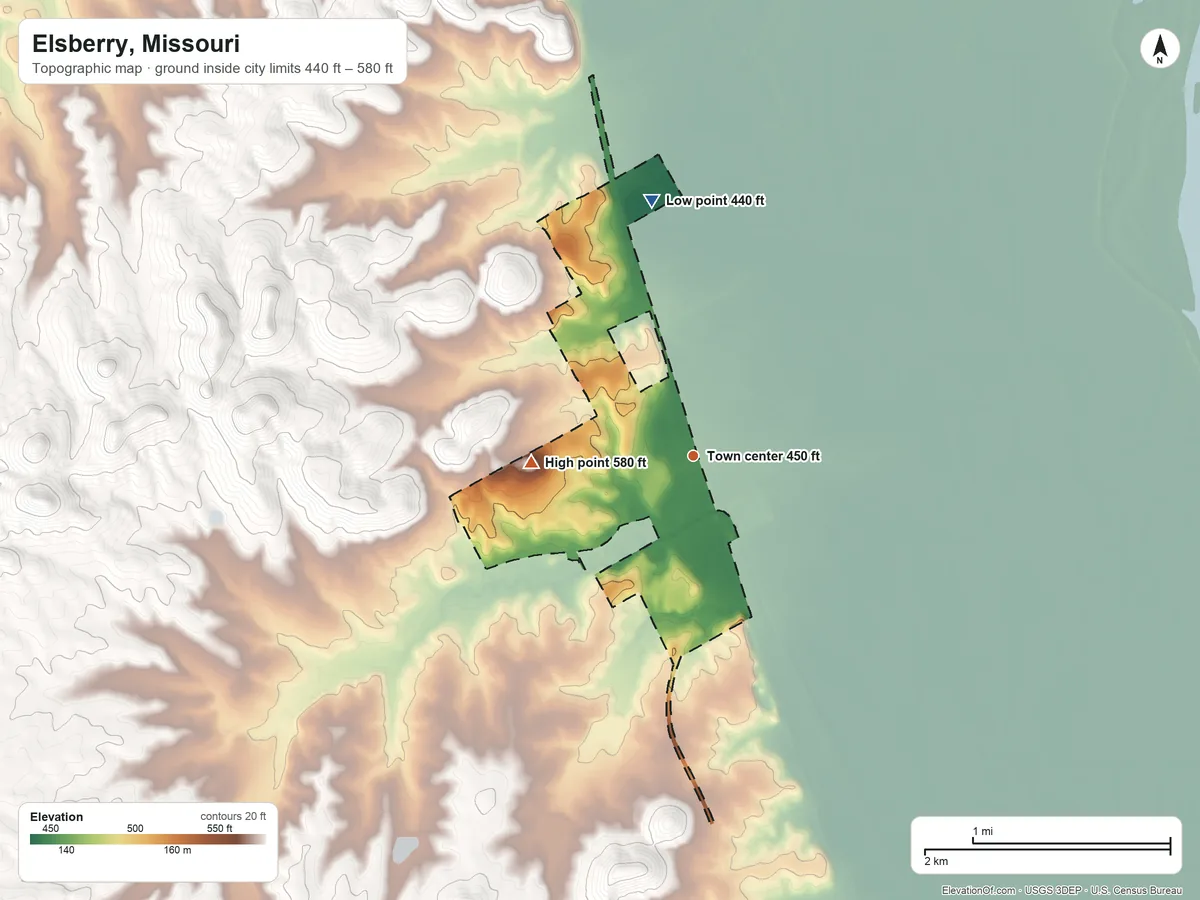 Topographic elevation map of Elsberry, Missouri, shaded from 440 ft on the north side to 580 ft on the west side