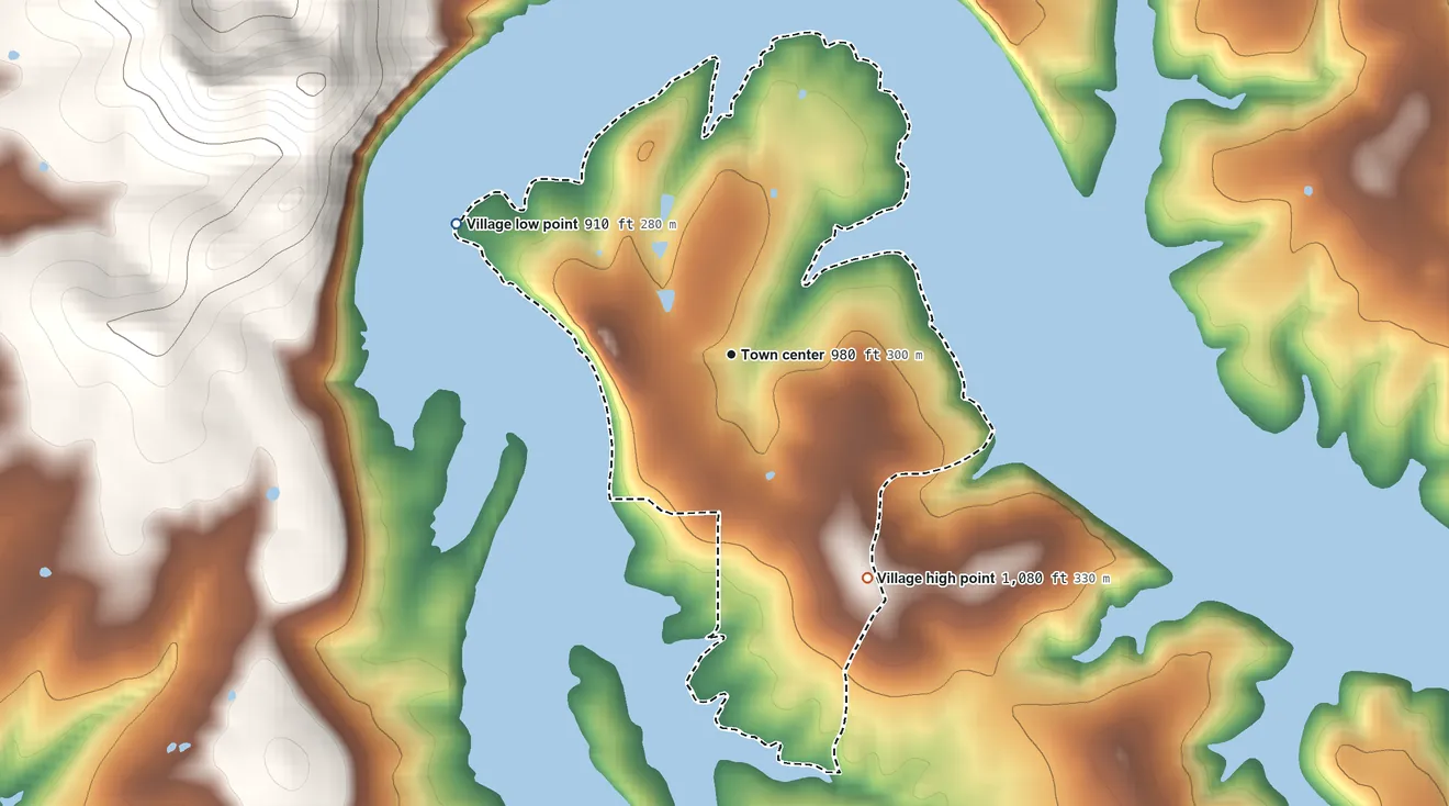 Topographic elevation map of Emerald Beach, Missouri, shaded from 910 ft on the northwest side to 1,080 ft on the southeast edge, below higher ground just outside