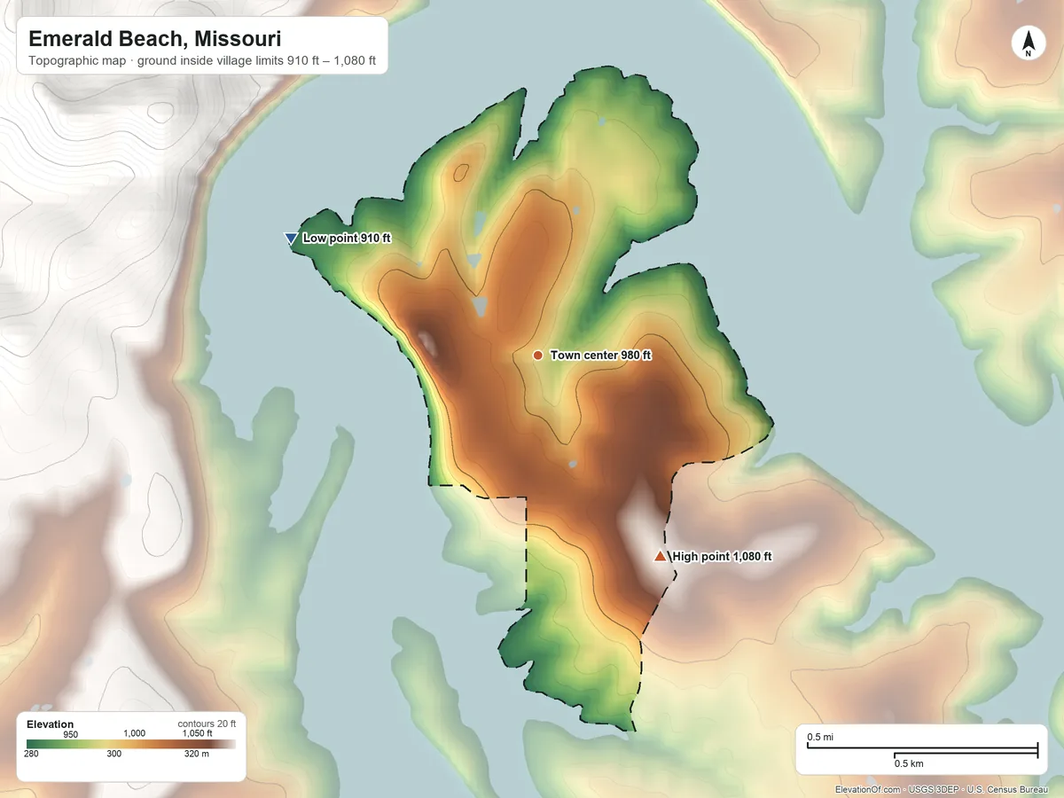 Topographic elevation map of Emerald Beach, Missouri, shaded from 910 ft on the northwest side to 1,080 ft on the southeast edge, below higher ground just outside