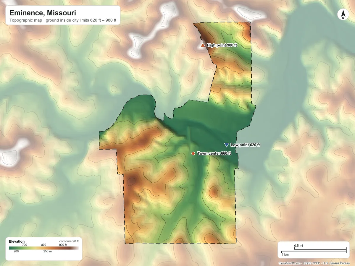 Topographic elevation map of Eminence, Missouri, shaded from 620 ft on the east side to 980 ft on the north side