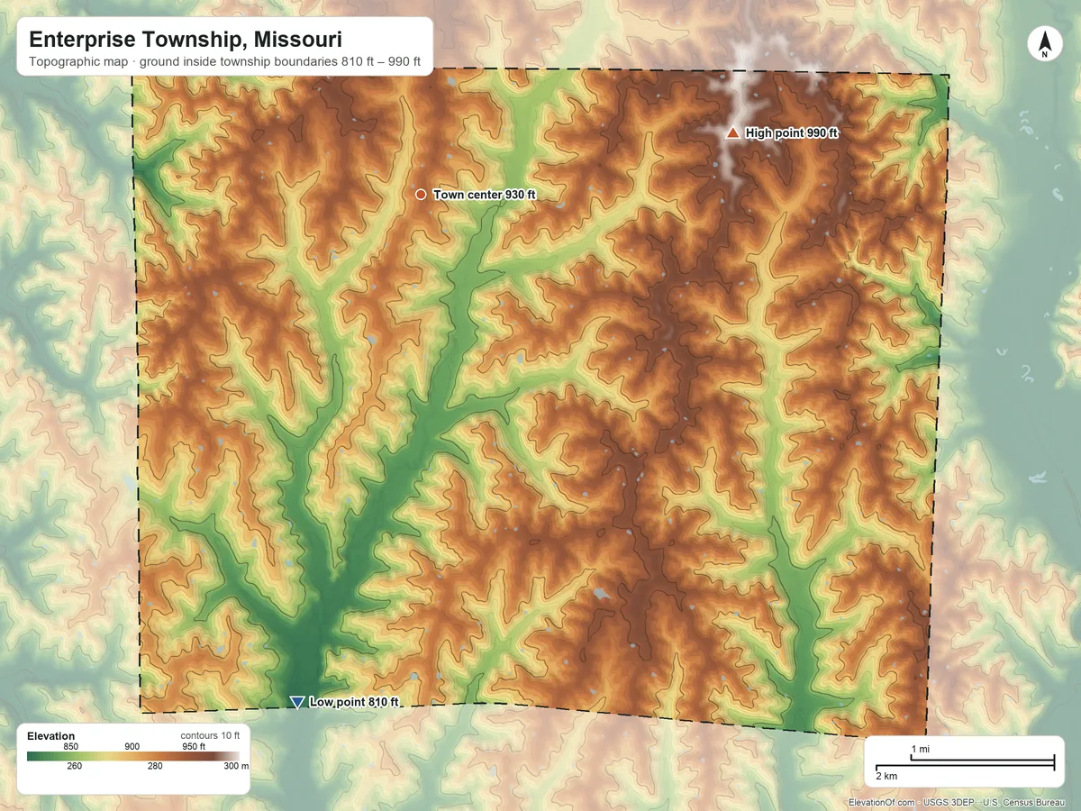 Topographic elevation map of Enterprise Township, Missouri, shaded from 810 ft on the south side to 990 ft on the east side