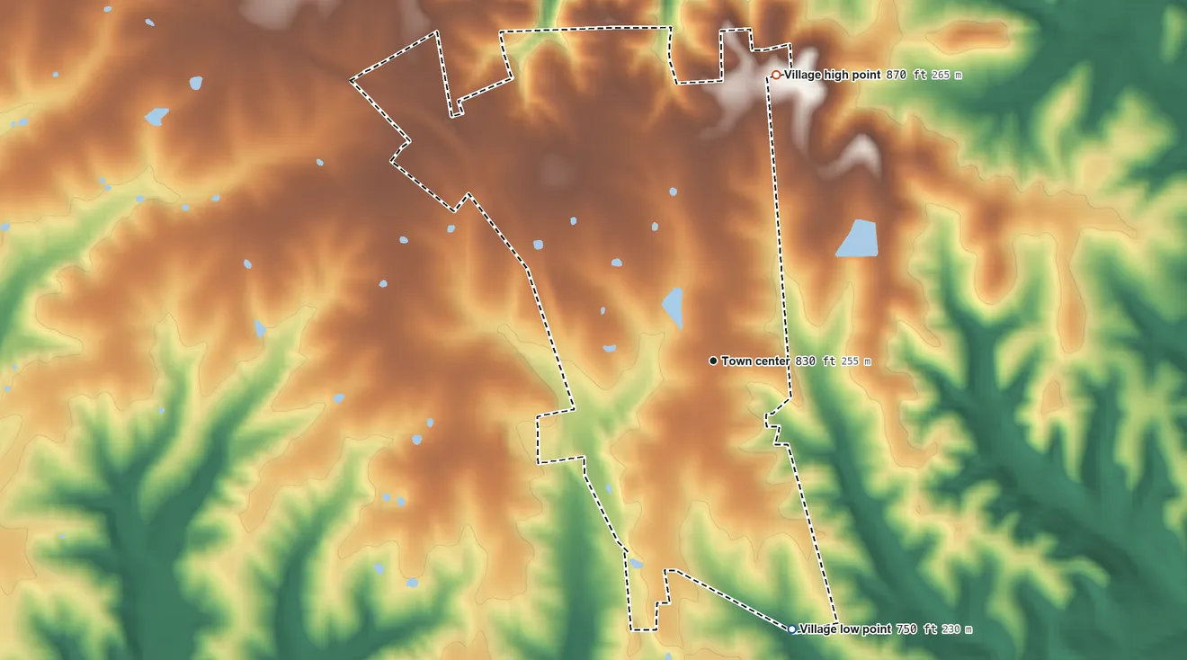 Topographic elevation map of Eolia, Missouri, shaded from 750 ft on the south side to 870 ft on the north side