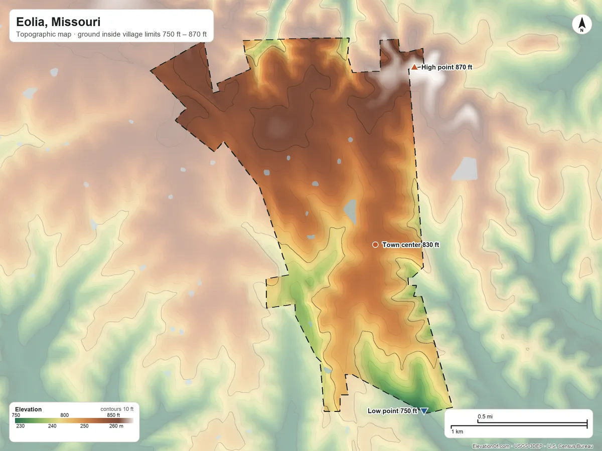 Topographic elevation map of Eolia, Missouri, shaded from 750 ft on the south side to 870 ft on the north side