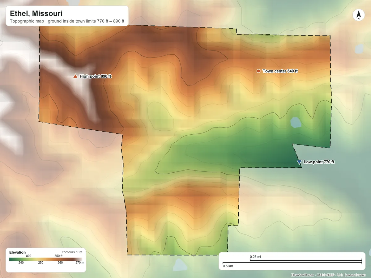 Topographic elevation map of Ethel, Missouri, shaded from 770 ft on the southeast side to 890 ft on the west side