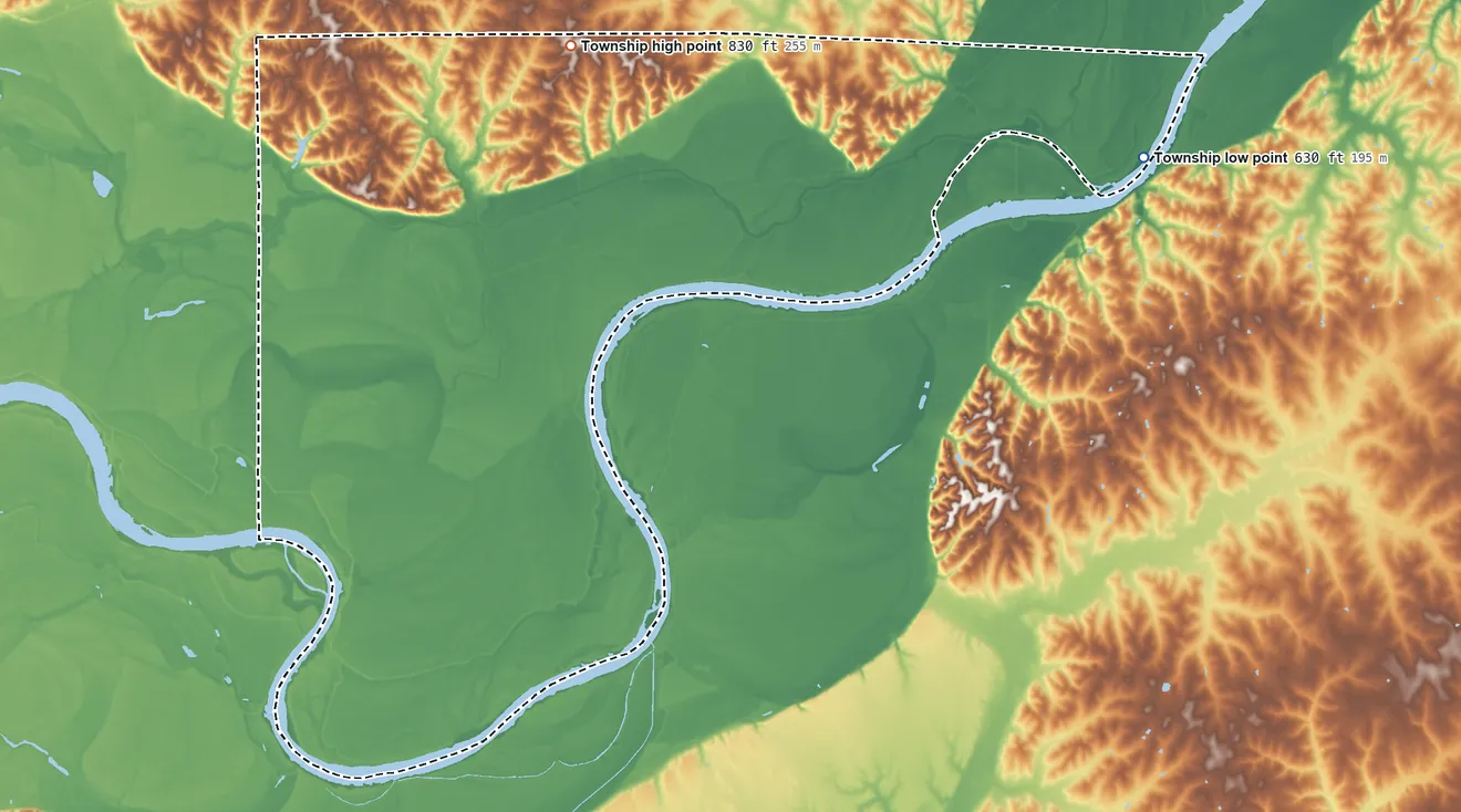 Topographic elevation map of Eugene Township, Missouri, shaded from 630 ft on the east side to 830 ft near the middle