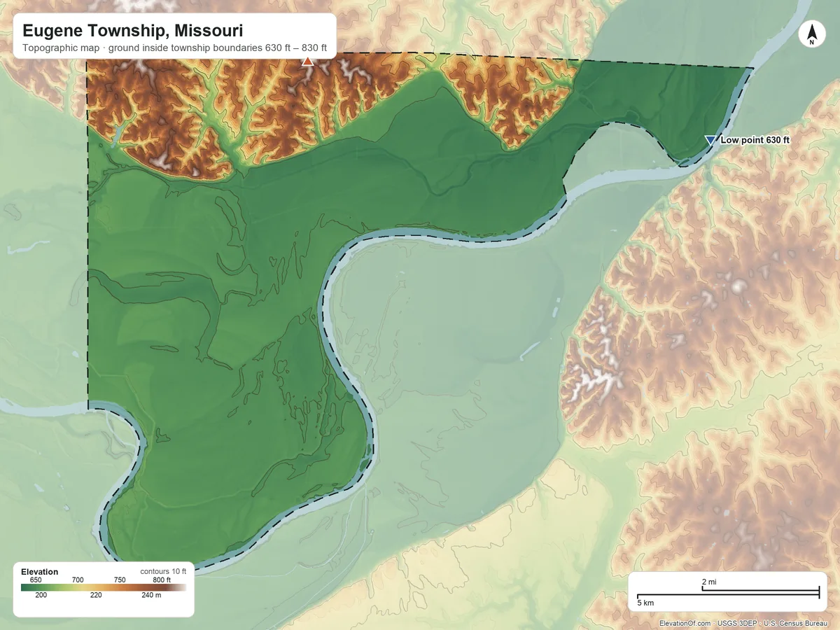 Topographic elevation map of Eugene Township, Missouri, shaded from 630 ft on the east side to 830 ft near the middle
