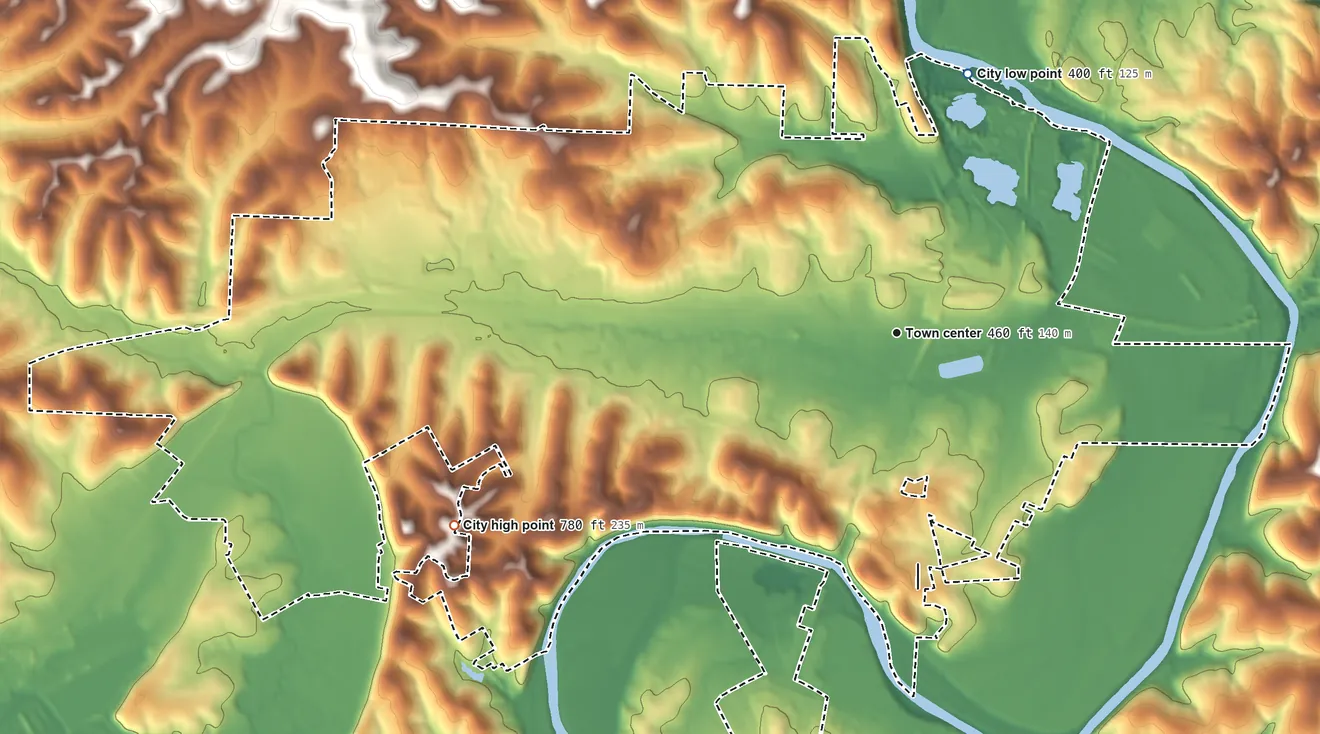 Topographic elevation map of Eureka, Missouri, shaded from 400 ft on the north side to 780 ft on the southwest side