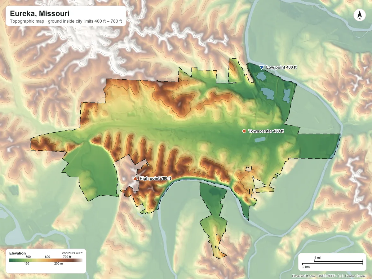 Topographic elevation map of Eureka, Missouri, shaded from 400 ft on the north side to 780 ft on the southwest side