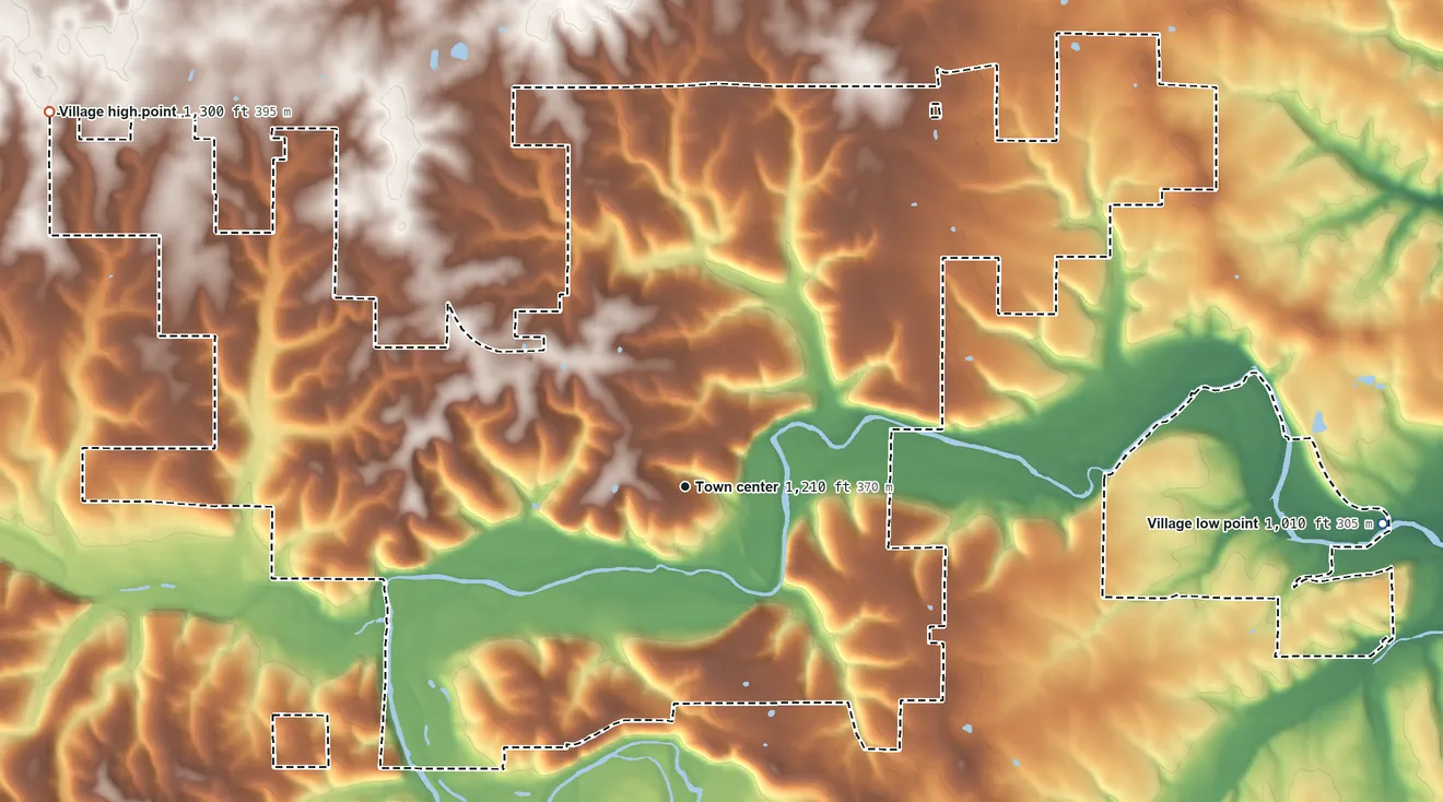 Topographic elevation map of Evergreen, Missouri, shaded from 1,010 ft on the east side to 1,300 ft on the northwest side