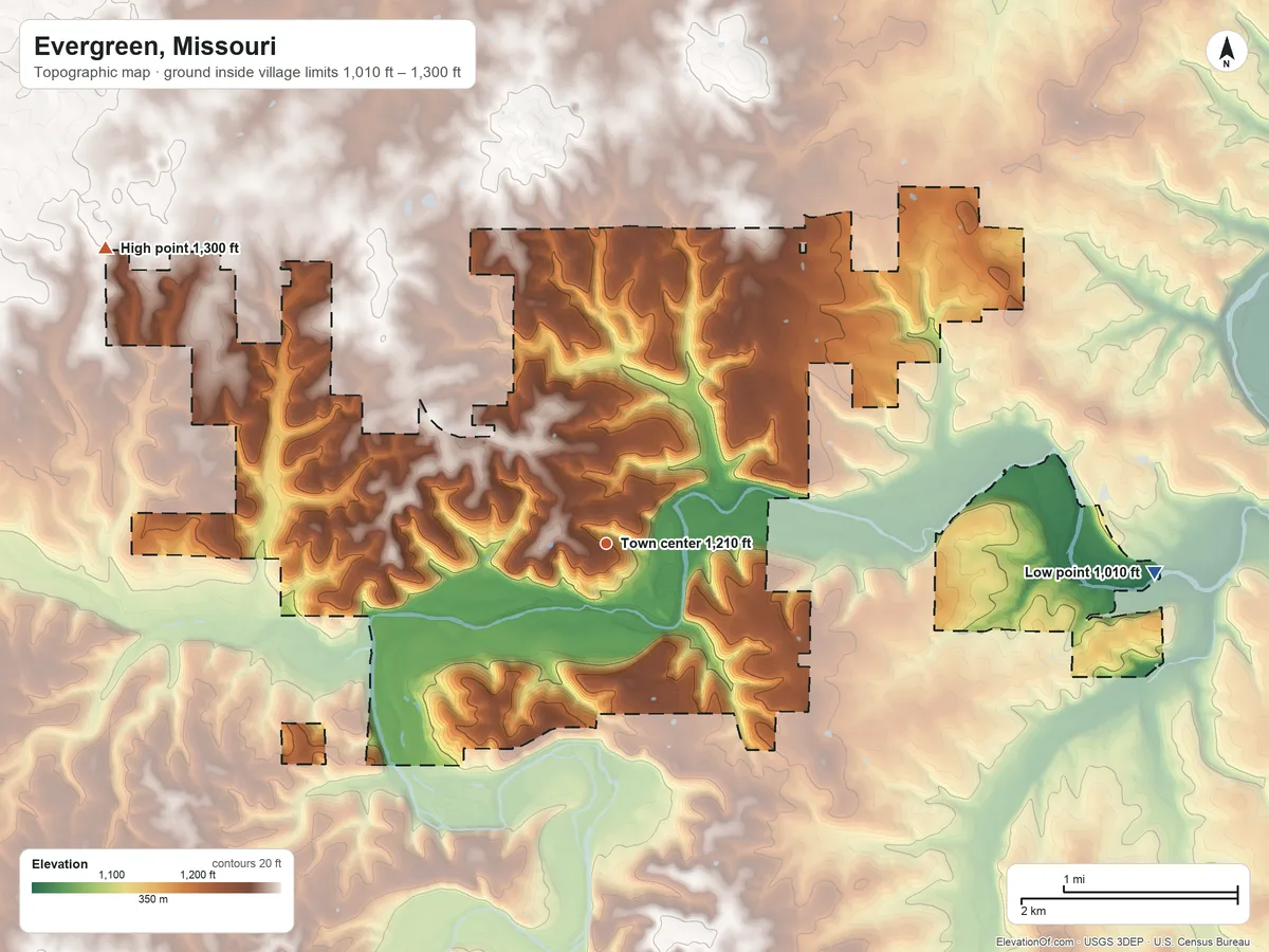 Topographic elevation map of Evergreen, Missouri, shaded from 1,010 ft on the east side to 1,300 ft on the northwest side