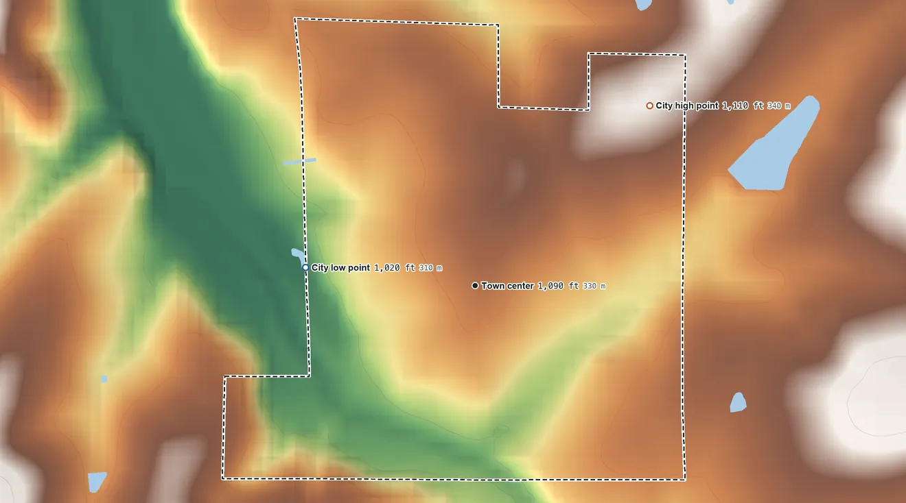 Topographic elevation map of Everton, Missouri, shaded from 1,020 ft on the west side to 1,110 ft on the northeast side