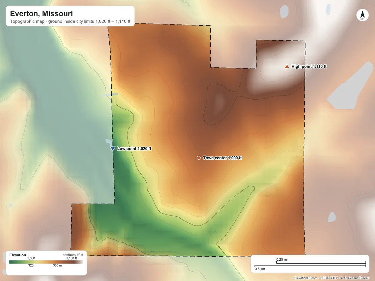 Topographic elevation map of Everton, Missouri, shaded from 1,020 ft on the west side to 1,110 ft on the northeast side
